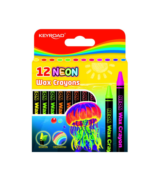 Crayones de Cera, 8 mm x 90 mm, Caja x 12 Colores Neón